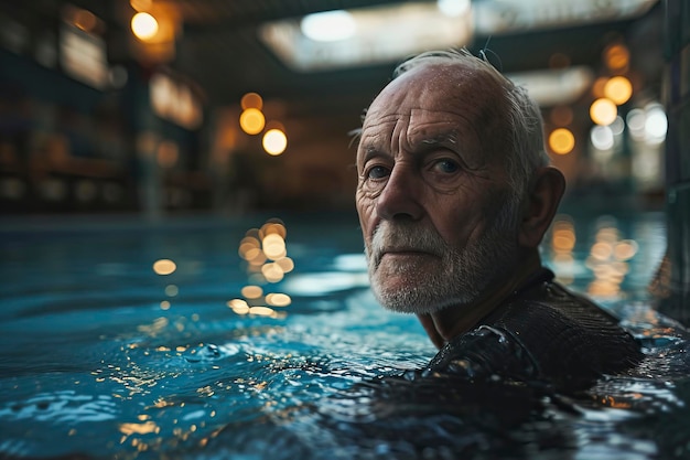 Uomo anziano in piedi in una piscina coperta