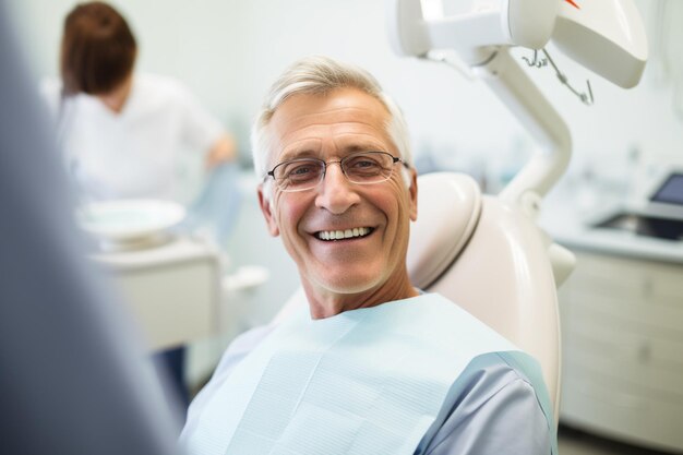 uomo anziano in visita al dentista sullo sfondo in stile bokeh