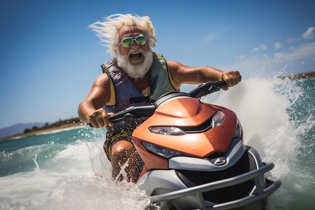 Uomo anziano maturo su Jet Ski