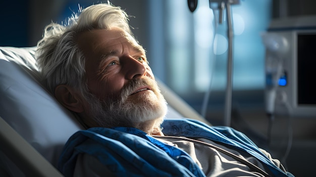 uomo anziano nel letto d'ospedale con una coperta blu e un monitor IA generativa
