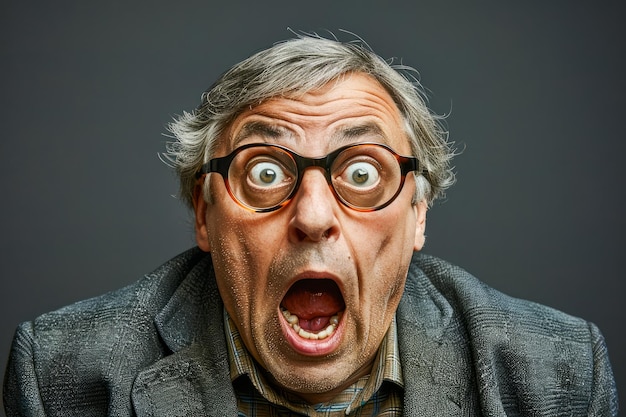 Uomo anziano scioccato con gli occhiali che esprime stupore e sorpresa su uno sfondo grigio umano