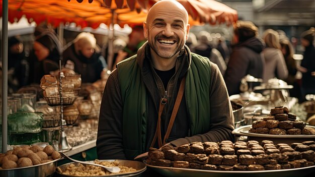 Uomo anziano seduto al tavolo con il vassoio del cibo