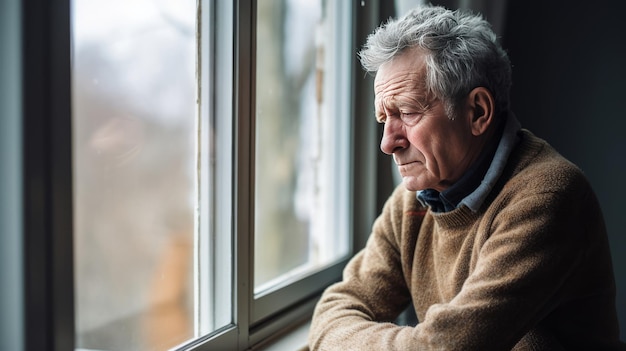 Uomo anziano seduto da solo guardando attraverso la finestra si sente depresso solitario concetto di salute mentale