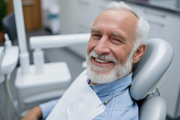 Uomo anziano soddisfatto nell'ufficio del dentista che guarda la telecamera.