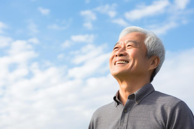 Uomo anziano sorridente che guarda il cielo