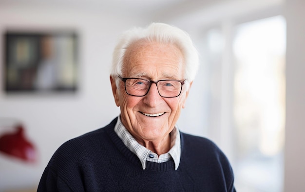 Uomo anziano sorridente con gli occhiali e un maglione.