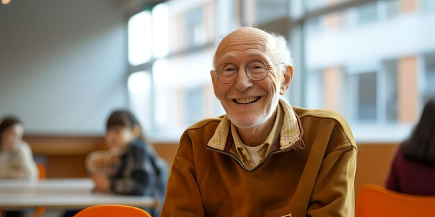Uomo anziano sorridente seduto in casa con sfondo sfocato casuale ritratto di anziano schietto immagine di stile di vita per uso commerciale AI