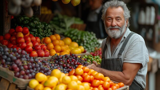 Uomo anziano sorridente venditore di frutta al mercato bancarella varietà di prodotti freschi ritratto del venditore al mercato all'aperto