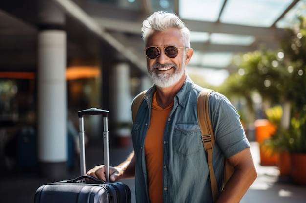 Uomo anziano turistico felice che sorride allegramente mentre sta all'aperto con i bagagli ai generati