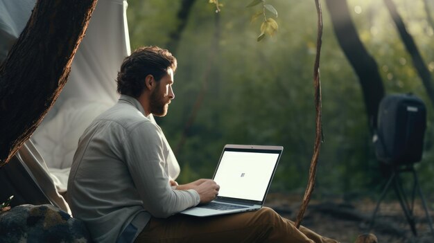 Uomo appollaiato in una foto realistica di un laptop