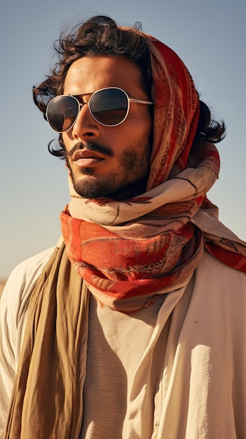Uomo arabo che indossa occhiali da sole del deserto