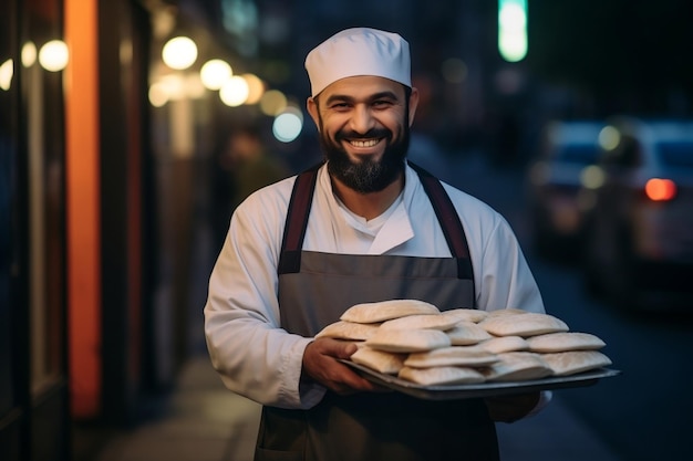 Uomo arabo che indossa una kandora tradizionale e tiene in mano scatole di pizza mentre è in piedi in una strada della città AI