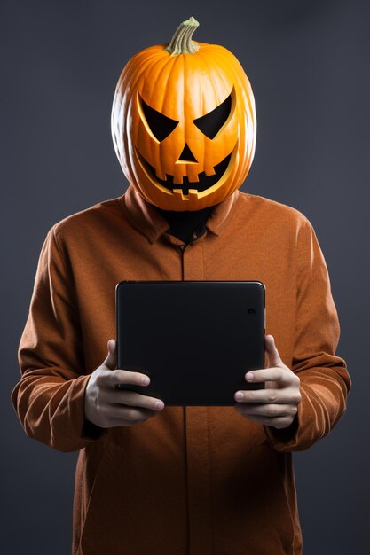 uomo arabo con una maschera di zucca che tiene in mano un computer tablet ai creativo