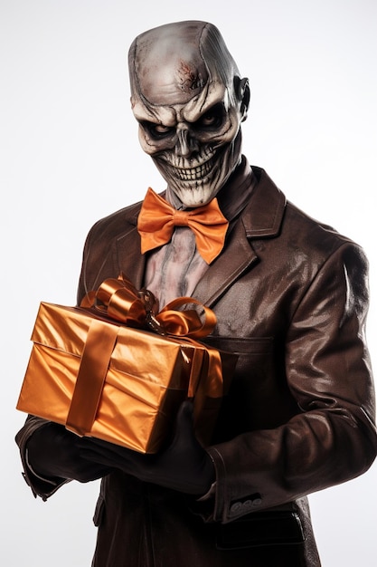 uomo arabo in giacca e cravatta con in mano un regalo con una faccia scheletrica generativa ai