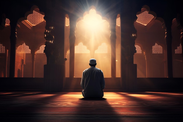 Uomo arabo musulmano che prega in una moschea