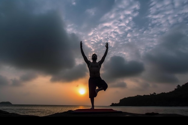 Uomo Arafed che fa yoga su una spiaggia al tramonto