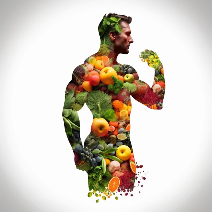 Uomo arafed con molta frutta e verdura nel suo corpo generativo ai