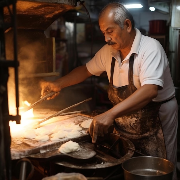 Uomo Arafed Cucinare Il Cibo In Una Cucina Con Un Fuoco