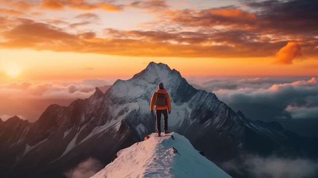 Uomo Arafed in piedi in cima a una montagna con un tramonto sullo sfondo generativo ai