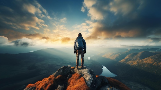 Uomo Arafed in piedi in cima a una montagna guardando un lago generativo ai