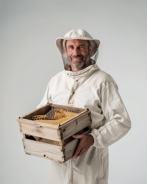 uomo arafed in un abito d'ape che tiene una scatola di legno con api generative ai