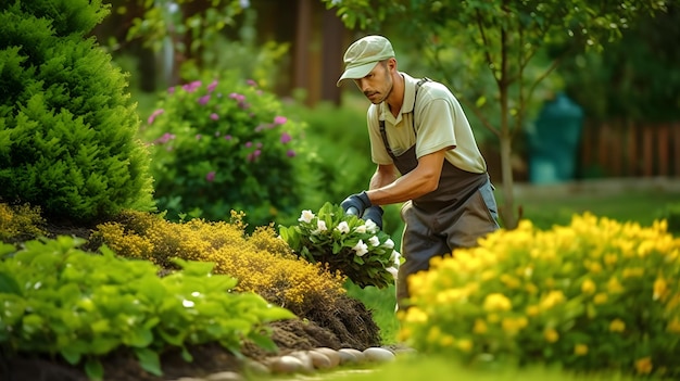 uomo arafed in un giardino con un tubo da giardino e un tubo da giardino AI generativa