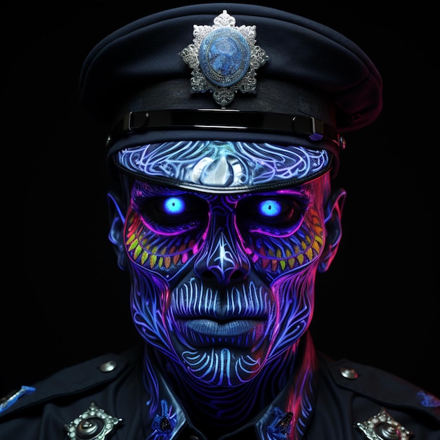 uomo arafed in un'uniforme di polizia con una luce blu sul suo viso generativo ai