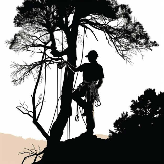 uomo arazzato con un'imbracatura e un casco che si arrampica su un albero generativo ai