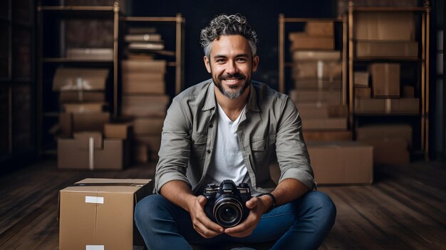 uomo arazzato seduto sul pavimento con una telecamera in mano e sorridente AI generativa