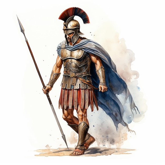 uomo arrafato in un costume romano con una lancia e uno scudo generativo ai