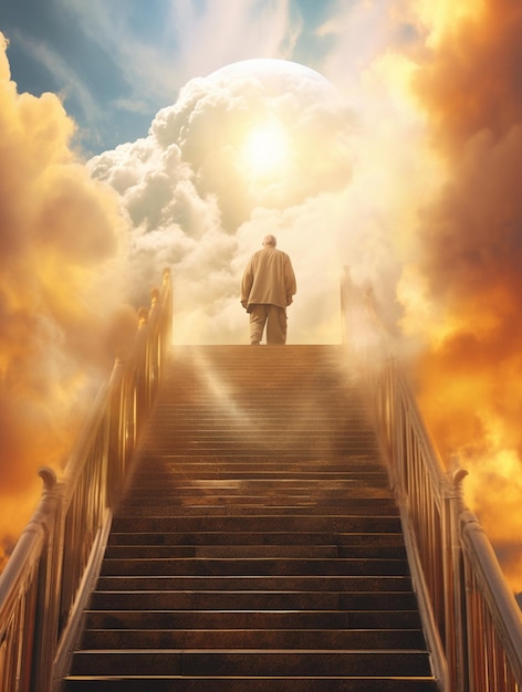 uomo arrafed camminando su una rampa di scale verso un cielo luminoso ai generativo