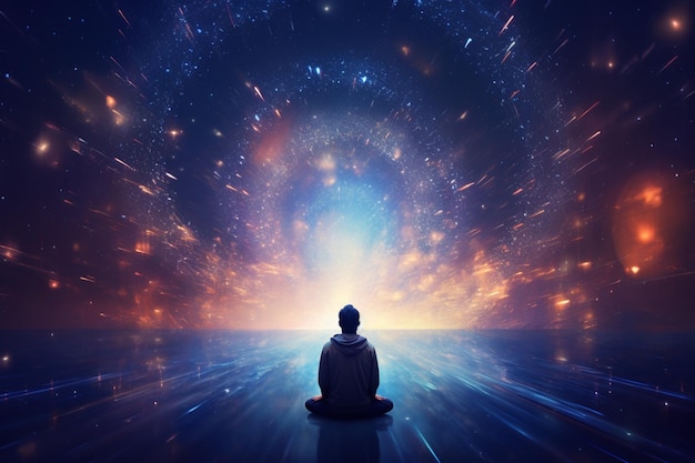 uomo arrafed seduto in posizione di meditazione di fronte a una galassia luminosa generativa ai