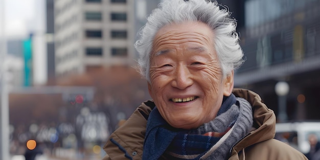 Uomo asiatico anziano sorridente giacca dai capelli grigi e sciarpa concetto moda autunnale stile senior autunno servizio fotografico anziani alla moda che invecchiano con grazia