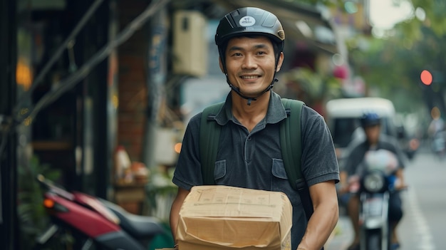 Uomo asiatico che consegna cibo fuori.