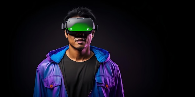 Uomo asiatico che indossa un visore VR con illuminazione al neon