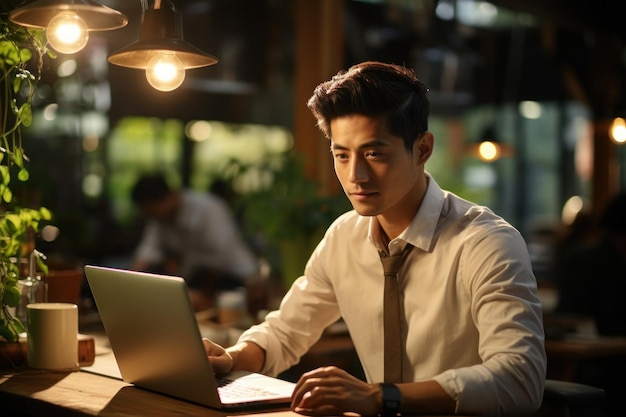 Uomo asiatico che lavora con il suo laptop nel tradizionale ufficio in legno di teak IA generativa