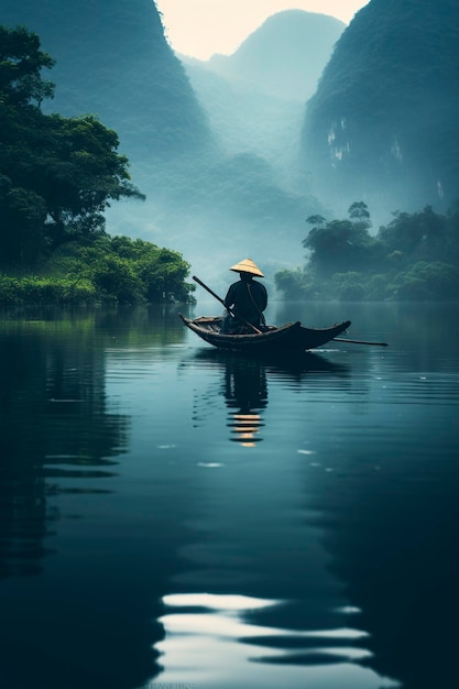 uomo asiatico che remano la sua barca su un lago