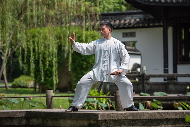 Uomo asiatico che risolve con la spada di Tai Chi di mattina al parco, arti marziali cinesi