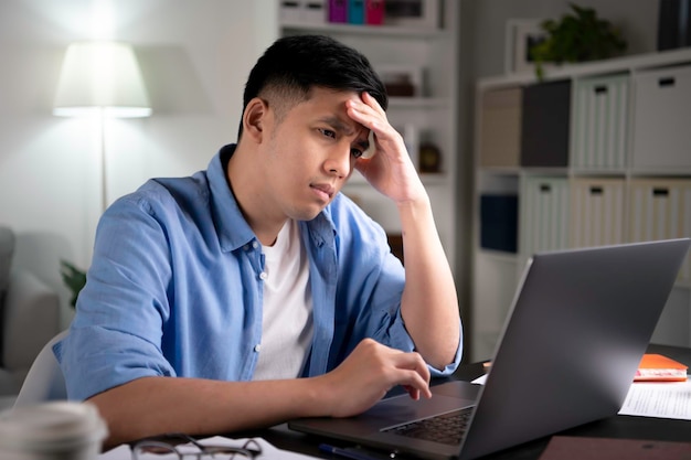 Uomo asiatico con la faccia seria e preoccupata quando si lavora con il laptop