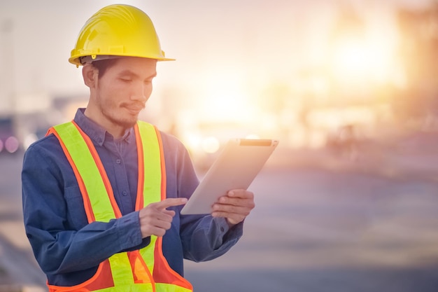 Uomo asiatico costruzione tuta di sicurezza casco lavoro in loco Uomo asiatico Ingegnere