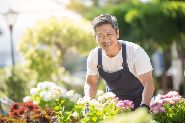 Uomo asiatico di mezza età che lavora in giardino in tempo soleggiato e sorride