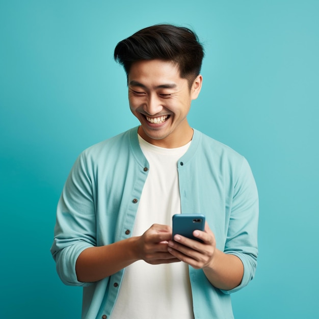 uomo asiatico felice con il cellulare in mano e sorridendo sullo sfondo blu