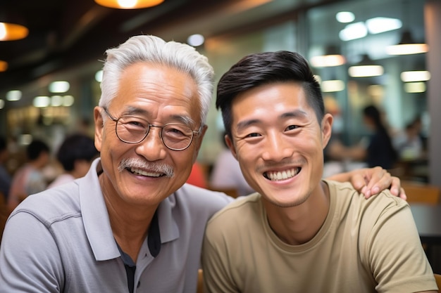 Uomo asiatico in pensione con figlio IA generativa