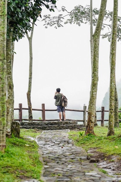 Uomo asiatico in piedi da solo nella natura nebbiosa