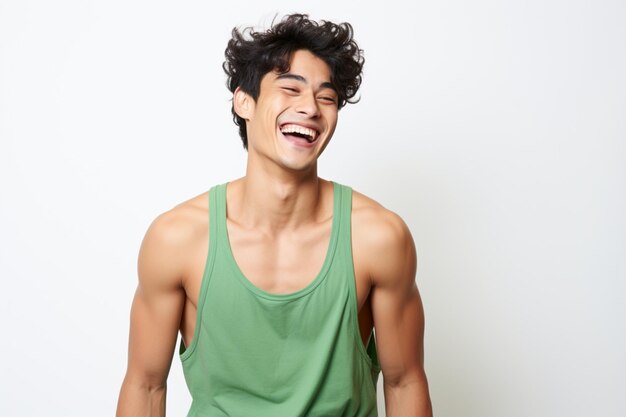 Uomo asiatico in singletta verde con l'espressione di una felice risata
