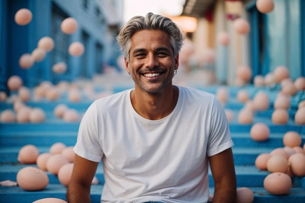 Uomo asiatico vestito di colore bianco sorridente