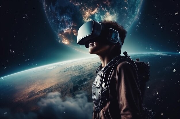 Uomo astronauta che esplora lo spazio con un auricolare di realtà virtuale