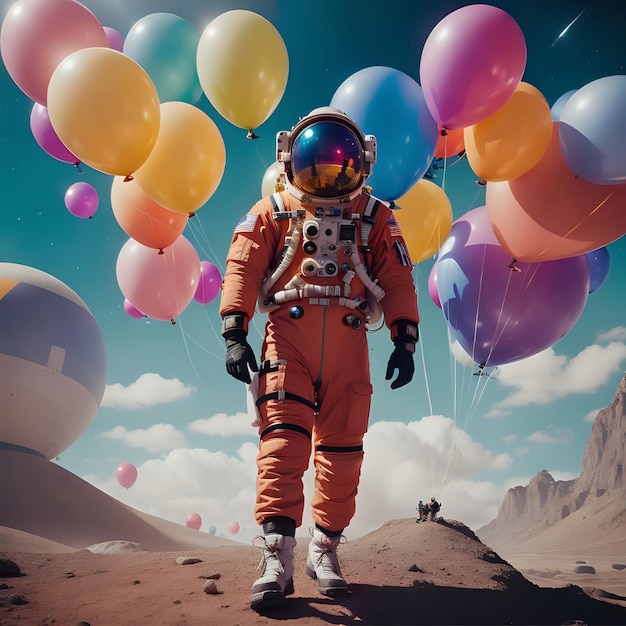 Uomo astronauta con palloncini