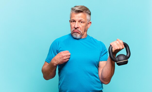 Uomo atleta senior che sembra arrogante, di successo, positivo e orgoglioso, che indica se stesso