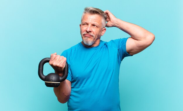 Uomo atleta senior che si sente perplesso e confuso, si gratta la testa e guarda di lato